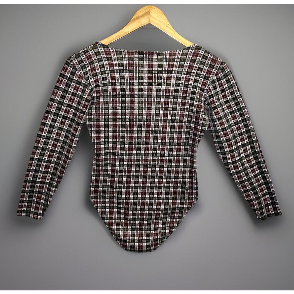 Vtg Miss Juli Bodysuit Top Leotard Purple Green Plaid Faux Pearl Buttons -Sz M - Picture 7 of 10